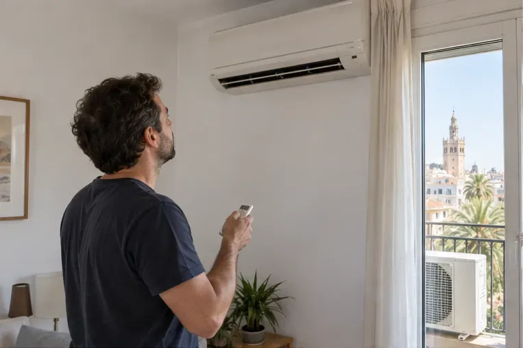 Un vecino observa un aire acondicionado split instalado en una vivienda de Sevilla antes de decidir cómo retirarlo
