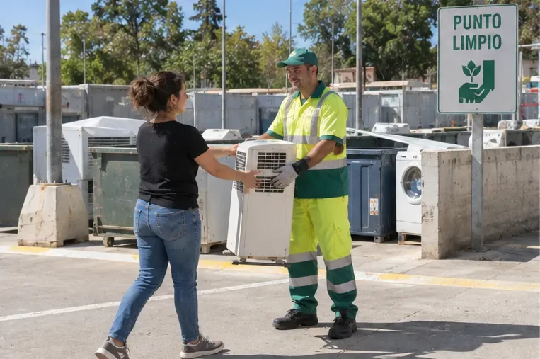 Una usuaria entrega un aparato de climatización a un trabajador en un Punto Limpio