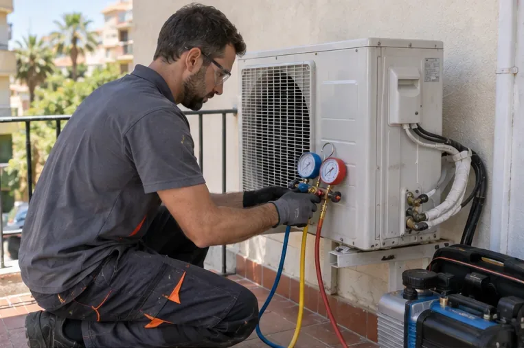 Un técnico trabaja en la unidad exterior de un aire acondicionado con manómetros y equipo profesional