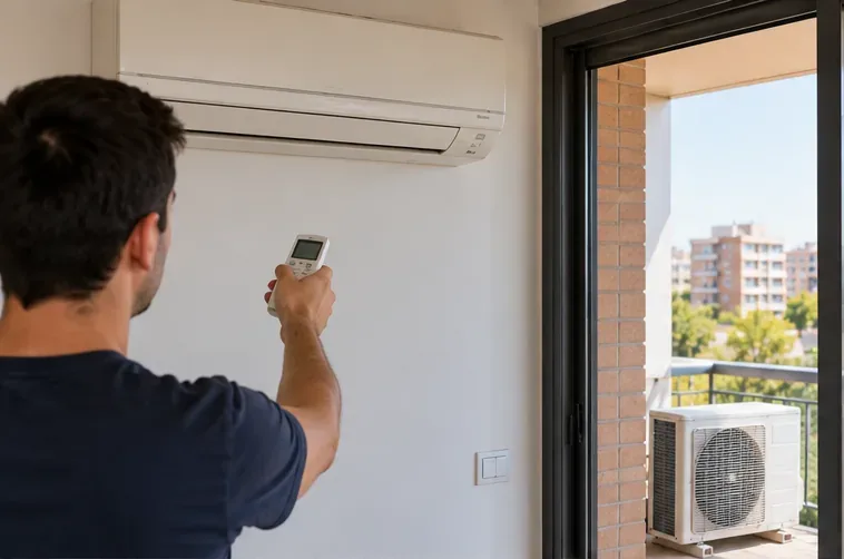 Persona apagando con un mando un aire acondicionado split instalado en una vivienda, con la unidad exterior visible en el balcón