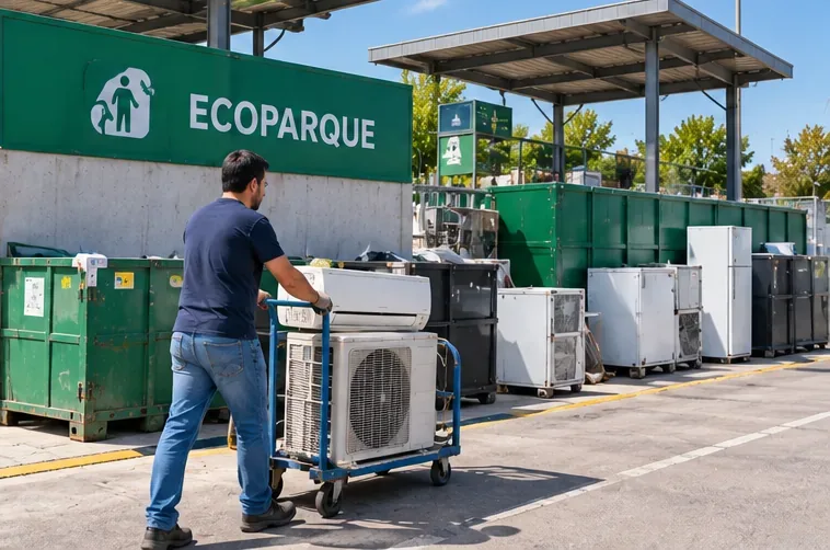 Persona llevando en una plataforma con ruedas las unidades interior y exterior de un aire acondicionado hacia una zona de ecoparque
