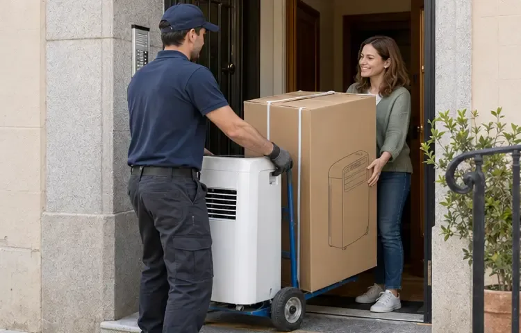 Un repartidor entrega un aparato nuevo y retira un equipo portátil usado en la entrada de una vivienda