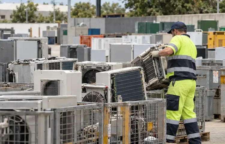 Un trabajador clasifica equipos de aire acondicionado y otros electrodomésticos en una zona de recepción