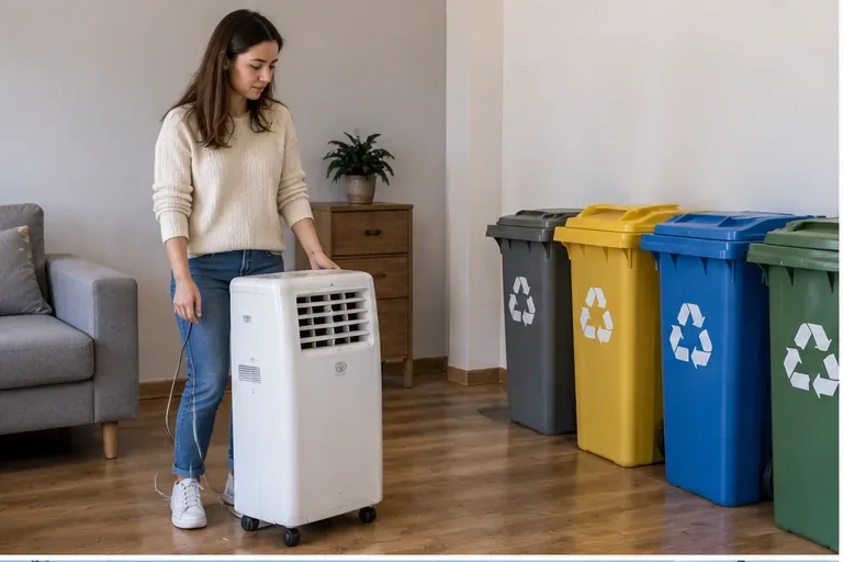 Una persona junto a un aire acondicionado portátil, preparado para decidir su entrega como residuo eléctrico