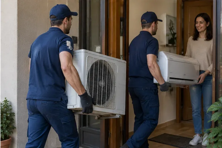 Dos instaladores trasladan unidades de aire acondicionado en la entrada de una vivienda durante una sustitución