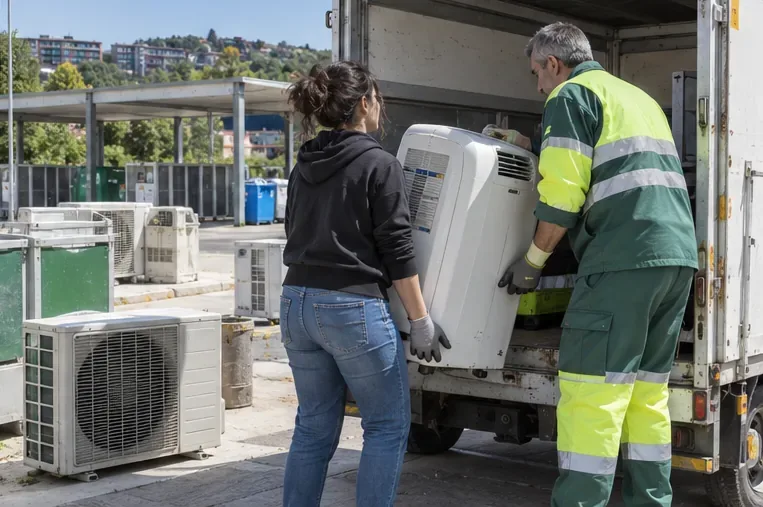 Una trabajadora y un residente cargan un aire acondicionado portátil en un vehículo de recogida junto a otras unidades separadas