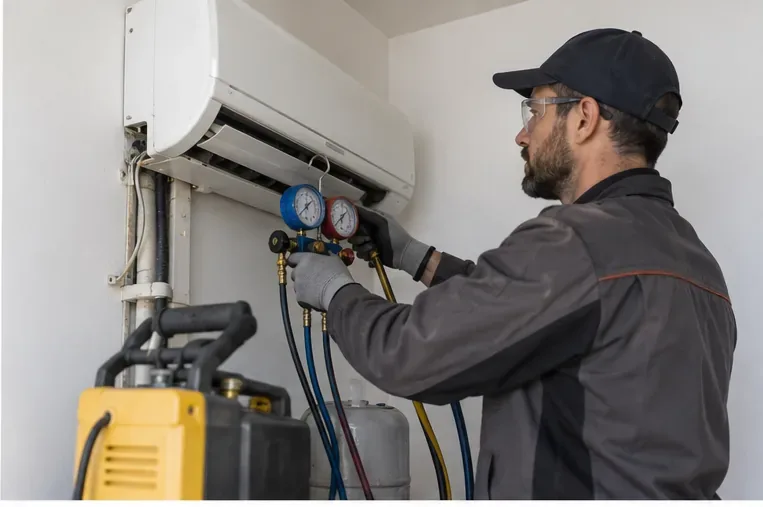 Técnico con protección conecta equipos de recuperación a un aire acondicionado split instalado en una pared