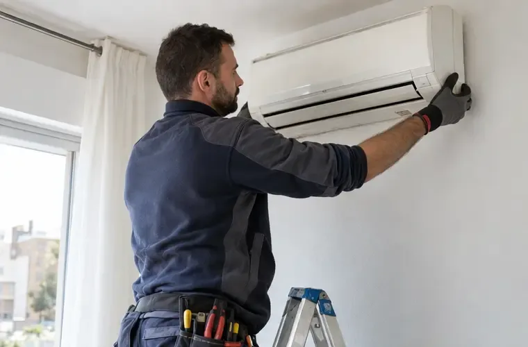 Técnico con guantes preparando la retirada de una unidad interior de aire acondicionado split fijada a la pared