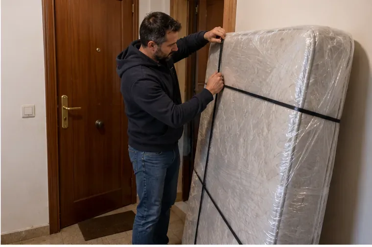 Hombre asegurando un colchón protegido con cinchas antes de sacarlo de casa