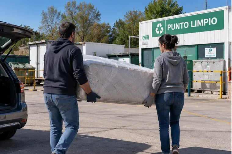Dos personas llevando un colchón usado hacia una instalación señalizada como punto limpio