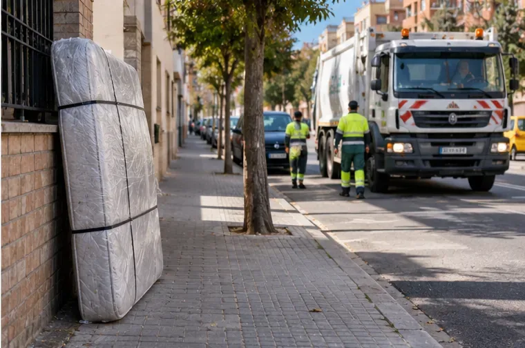 Colchón protegido colocado junto a una fachada mientras se aproxima un camión municipal de recogida