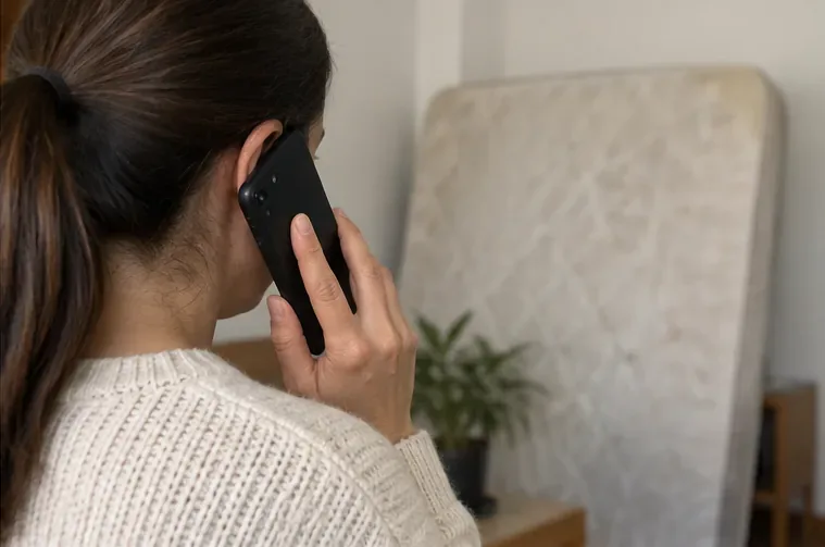 Mujer llamando por teléfono con un colchón usado al fondo de la habitación