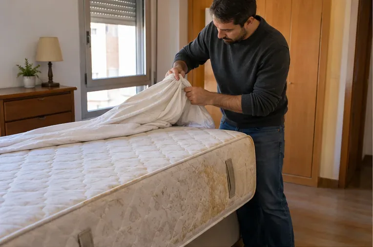 Una persona retira la ropa de cama de un colchón usado antes de prepararlo para su retirada