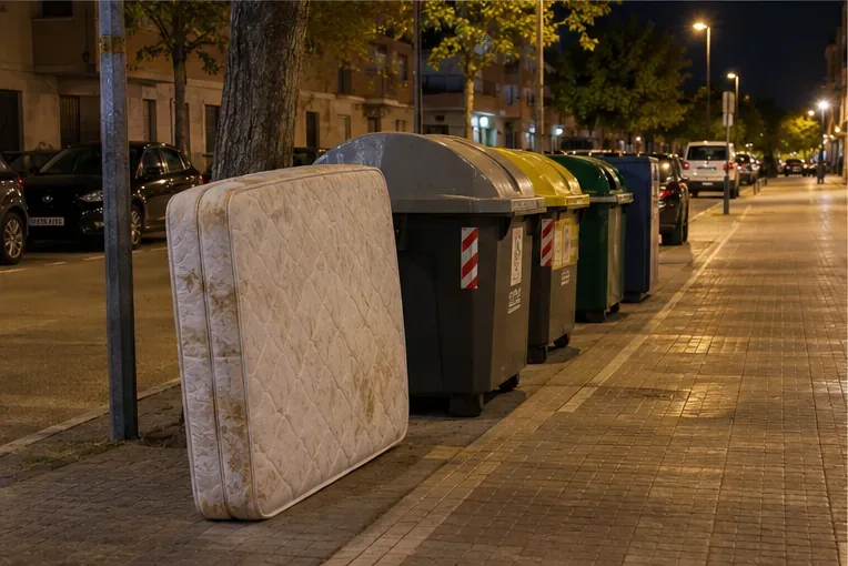 Un colchón colocado junto a una fila de contenedores en una calle por la noche sin tapar el recorrido principal de la acera