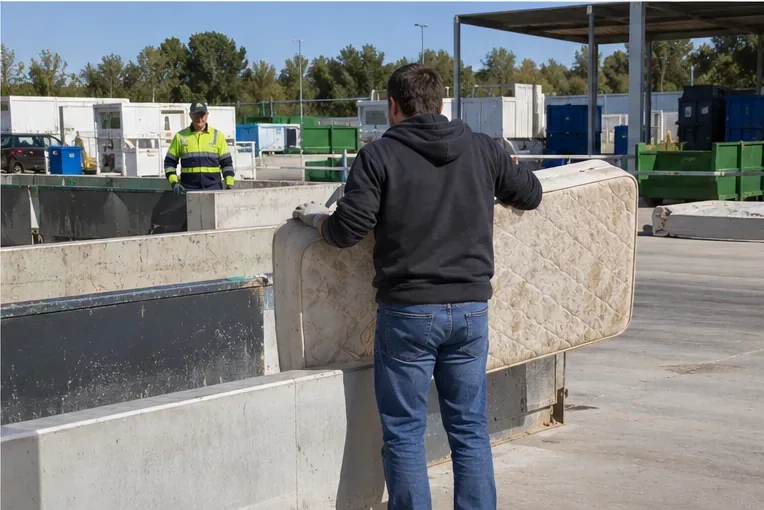 Una persona entrega un colchón en una instalación de punto limpio con contenedores de residuos voluminosos