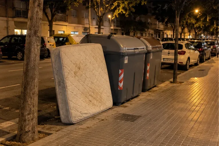 Colchón colocado junto a contenedores urbanos por la noche sin bloquear la zona de paso.