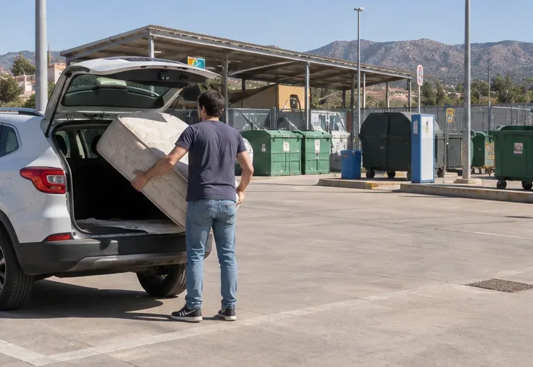 Persona descargando un colchón de un vehículo en una instalación de recogida de residuos voluminosos