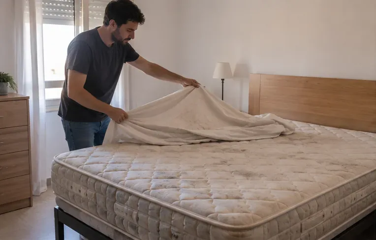Persona retirando la ropa de cama de un colchón usado antes de prepararlo para su retirada