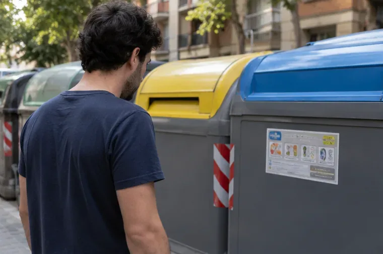 Una persona observa una batería de contenedores urbanos antes de decidir dónde dejar un colchón en Badalona
