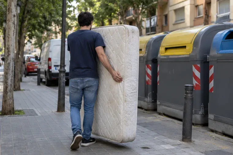 Una persona transporta un colchón por una acera junto a una batería de contenedores urbanos