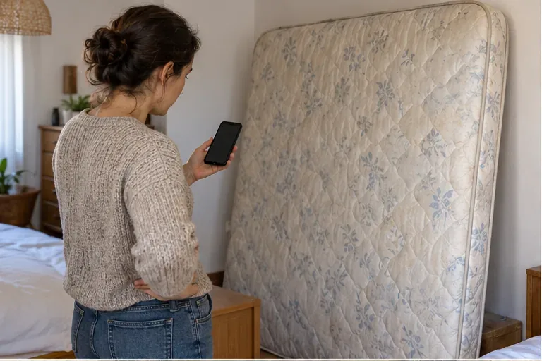 Una vecina consulta su teléfono junto a un colchón apoyado en una habitación