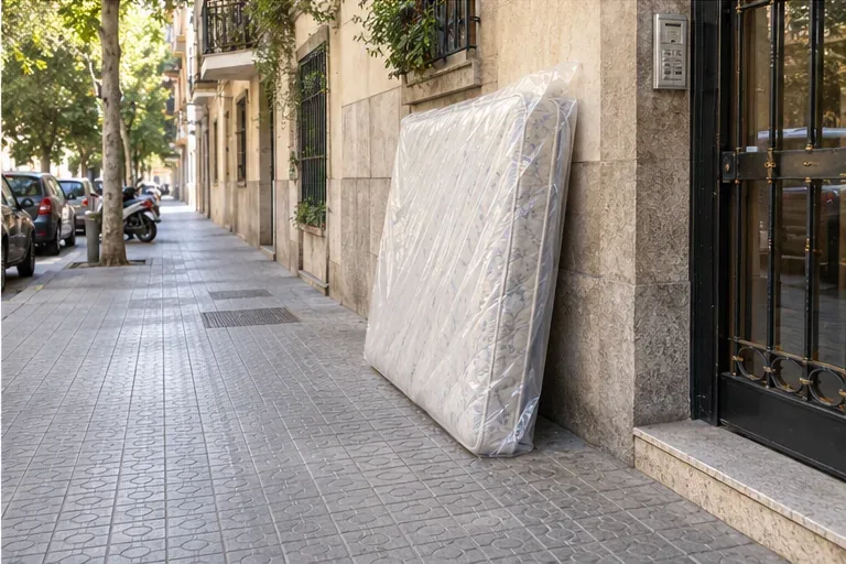Un colchón enfundado está junto a la fachada, dejando libre el acceso y el paso de la acera