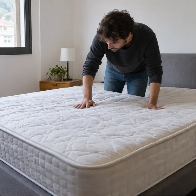 Una persona comprueba la superficie y el acolchado de un colchón colocado sobre una cama.