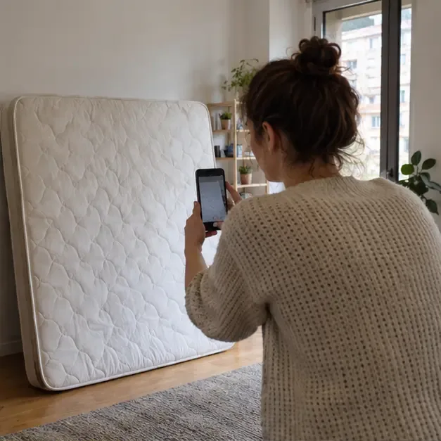 Una mujer fotografía un colchón limpio apoyado de pie contra la pared para pedir información.