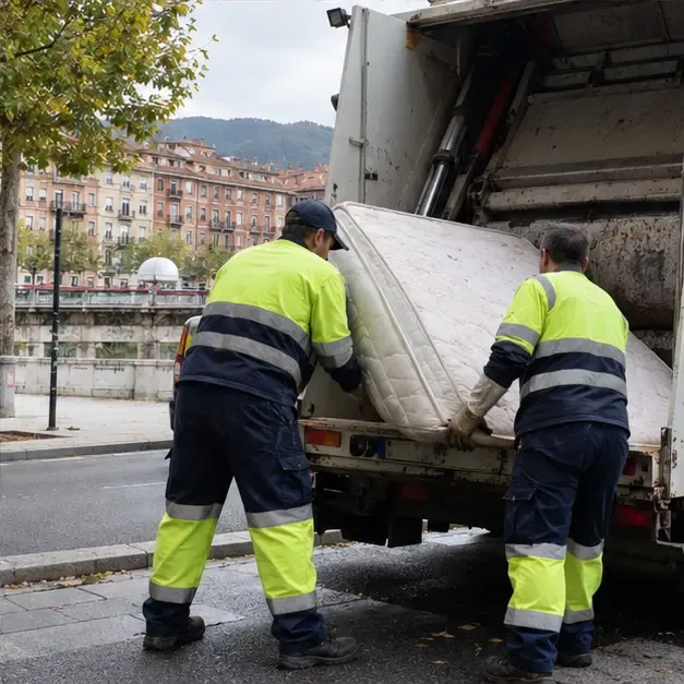 Dos operarios cargan un colchón en un camión de recogida desde un punto ordenado de la calle.