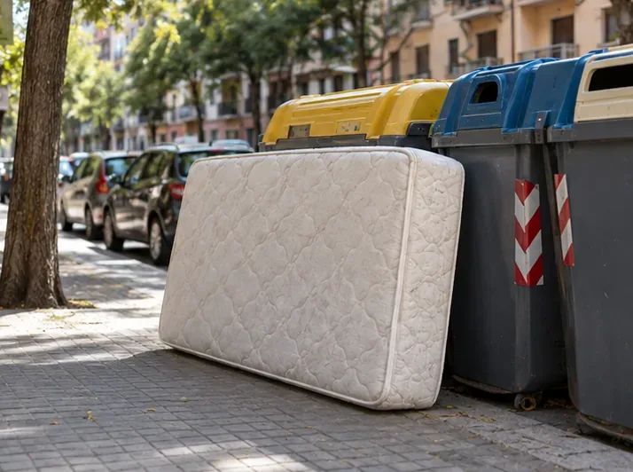 Un colchón colocado junto a contenedores de reciclaje en una calle urbana, sin bloquear la acera