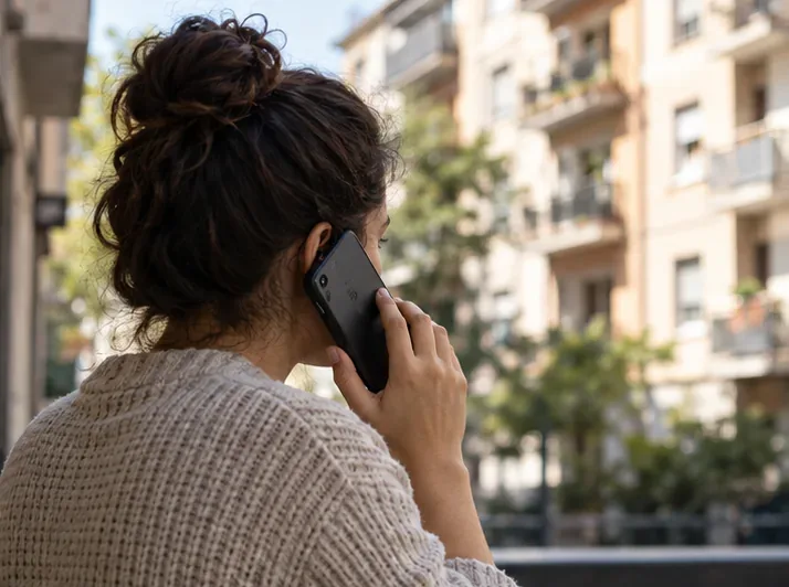 Una mujer habla por teléfono desde la calle mientras gestiona la retirada de un colchón voluminoso