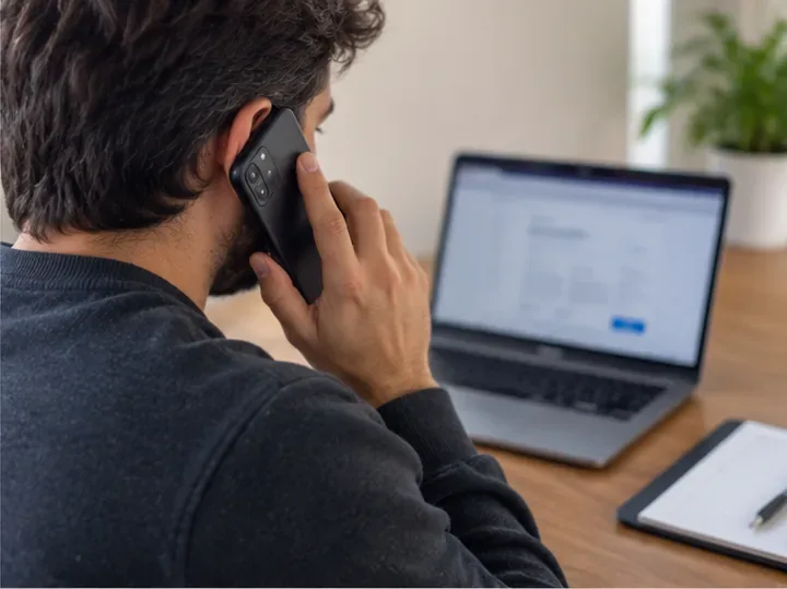 Hombre consultando por teléfono y ordenador la retirada de un colchón