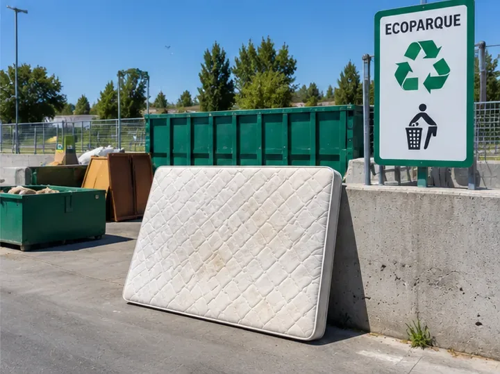 Colchón apoyado en una zona organizada de ecoparque con contenedores de gran tamaño