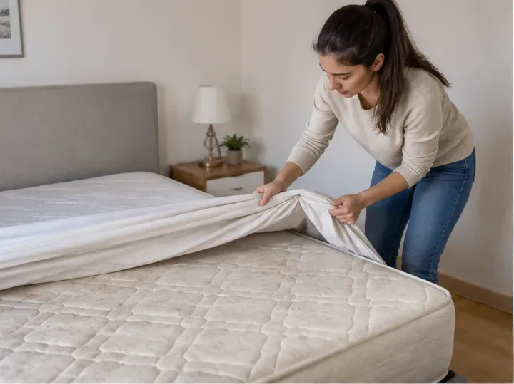 Mujer retirando la ropa de cama de un colchón antes de organizar su retirada