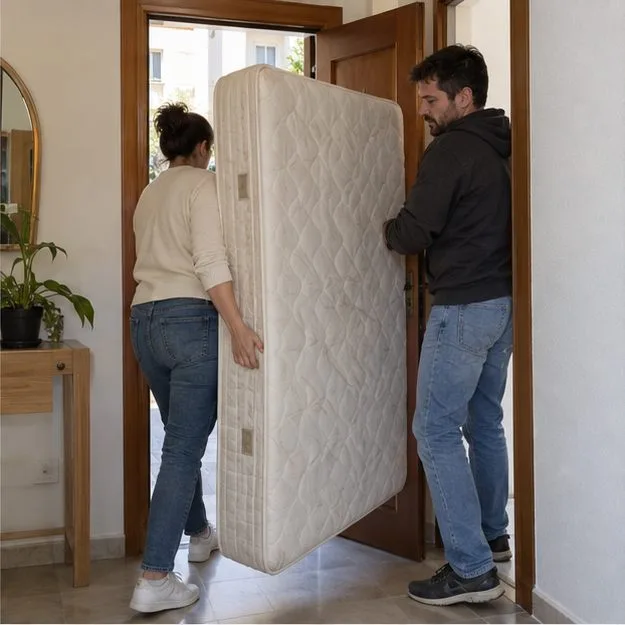 Dos personas sujetan un colchón de pie para pasarlo por una puerta