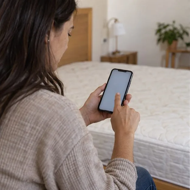 Una residente consulta su teléfono junto a un colchón que permanece dentro de la habitación