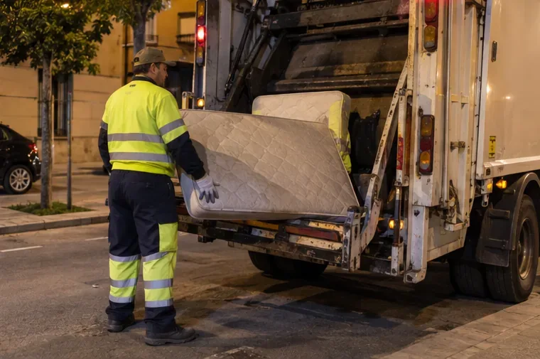 Operario de limpieza cargando un colchón en la parte trasera de un camión de recogida nocturna