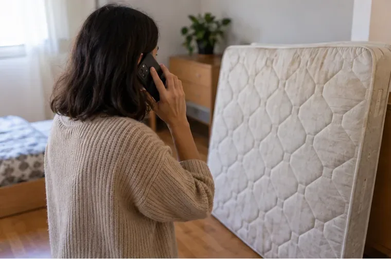 Persona llamando por teléfono junto a un colchón colocado de pie dentro de una vivienda