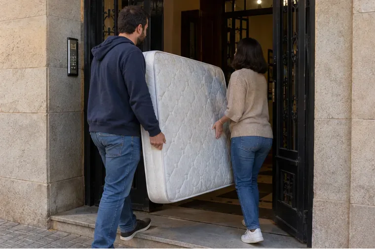 Dos personas trasladando un colchón por la entrada de un edificio para prepararlo para la recogida