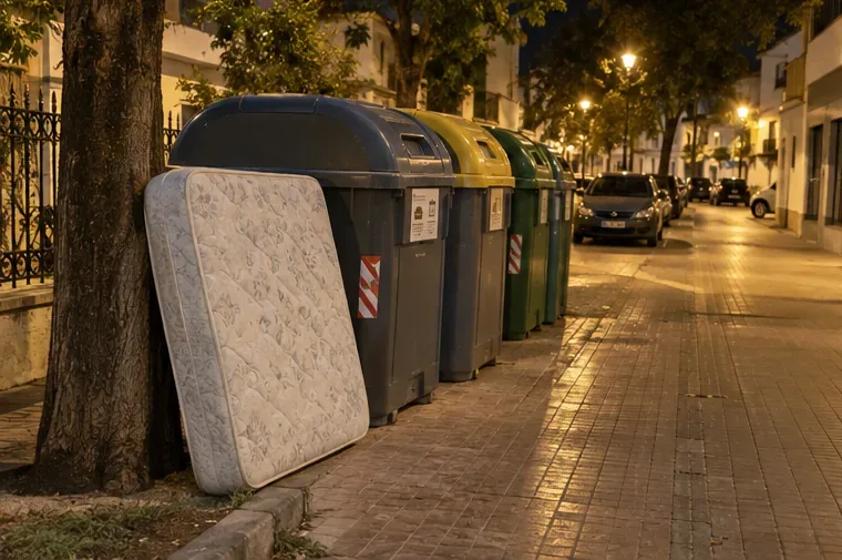 Colchón apoyado de forma estable junto a una fila de contenedores urbanos durante el horario nocturno