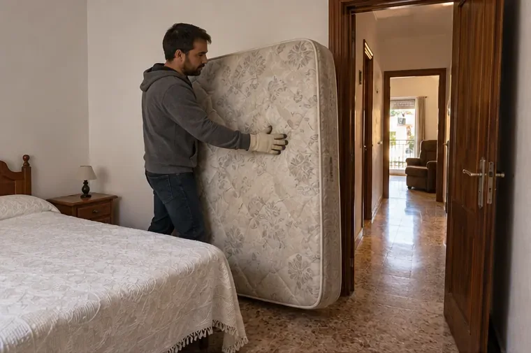 Persona con guantes moviendo un colchón usado desde un dormitorio hacia la salida de la vivienda