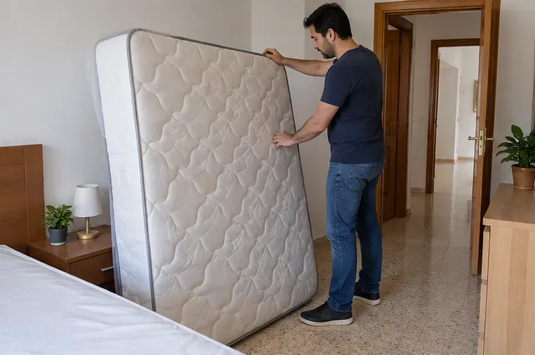 Una persona coloca de pie un colchón usado dentro de un dormitorio antes de organizar su retirada