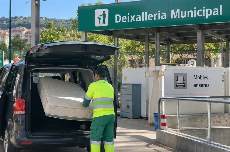 Vehículo descargando un colchón en una deixalleria municipal con zona para muebles y enseres