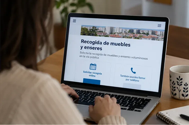 Persona usando un portátil para solicitar una recogida municipal de muebles y enseres voluminosos