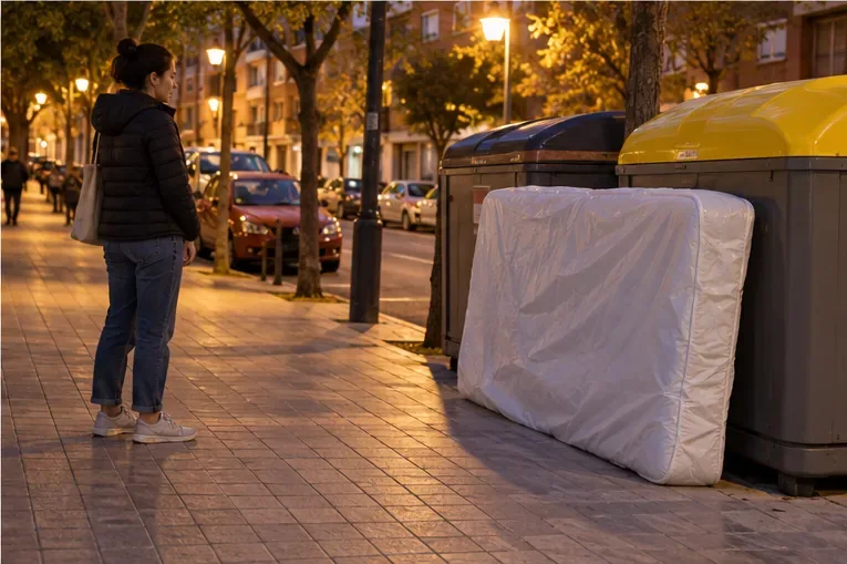 Un colchón protegido está junto a unos contenedores en una acera amplia, dejando libre el paso