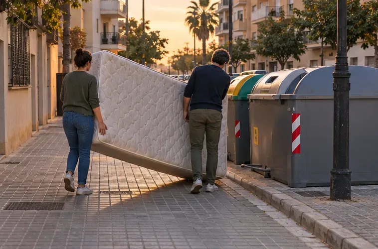Dos personas transportan un colchón hasta una zona de contenedores en una calle residencial