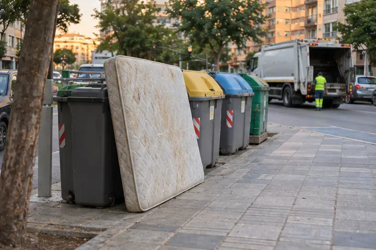 Un colchón usado colocado junto a una zona de contenedores mientras un camión de recogida trabaja en la calle.