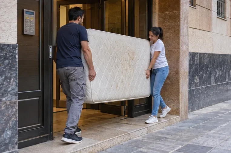 Dos personas transportan un colchón usado por la entrada de un edificio residencial.