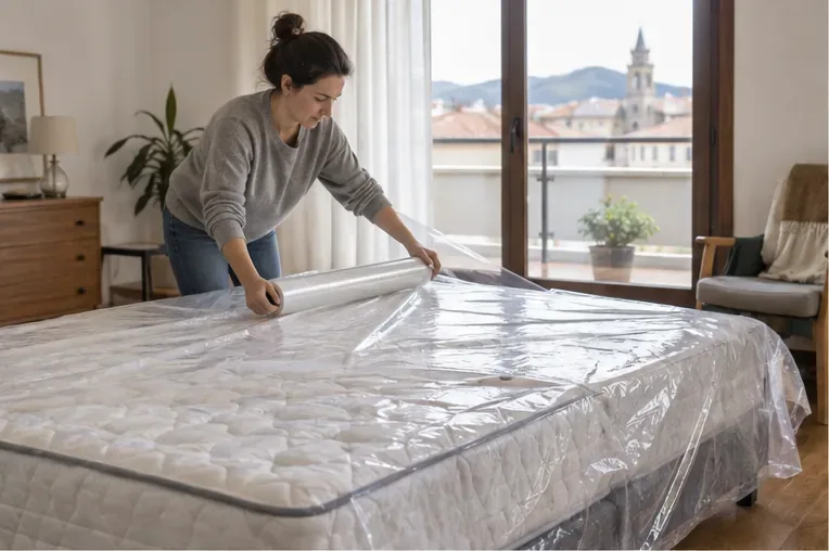 Una mujer envuelve un colchón con una funda protectora dentro de una habitación luminosa