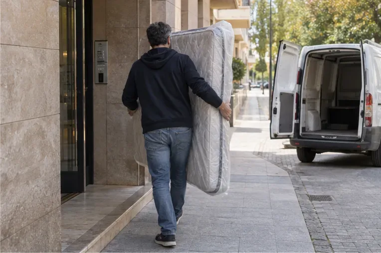 Un hombre transporta un colchón protegido por la entrada de un edificio hacia una furgoneta estacionada